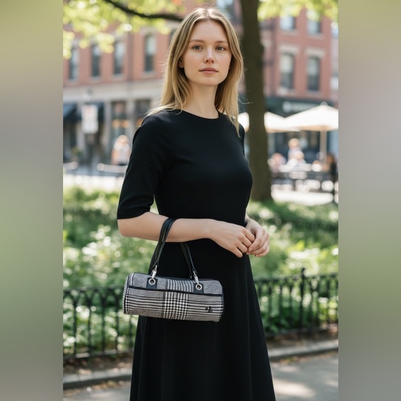 Ralph Lauren LAUREN Houndstooth Barrel Satchel Black White Shoulder Bag - Picture 3 of 7